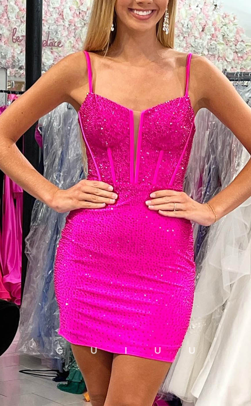 GH609 - Sexy/Hot Deep V-Neck Spaghetti Straps Open-Back Gown Rhinestone Homecoming Dress