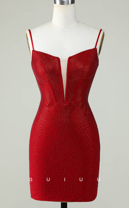 GH609 - Sexy/Hot Deep V-Neck Spaghetti Straps Open-Back Gown Rhinestone Homecoming Dress