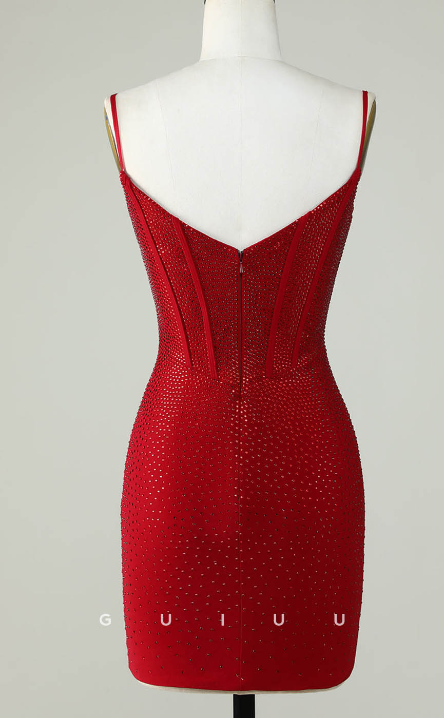 GH609 - Sexy/Hot Deep V-Neck Spaghetti Straps Open-Back Gown Rhinestone Homecoming Dress