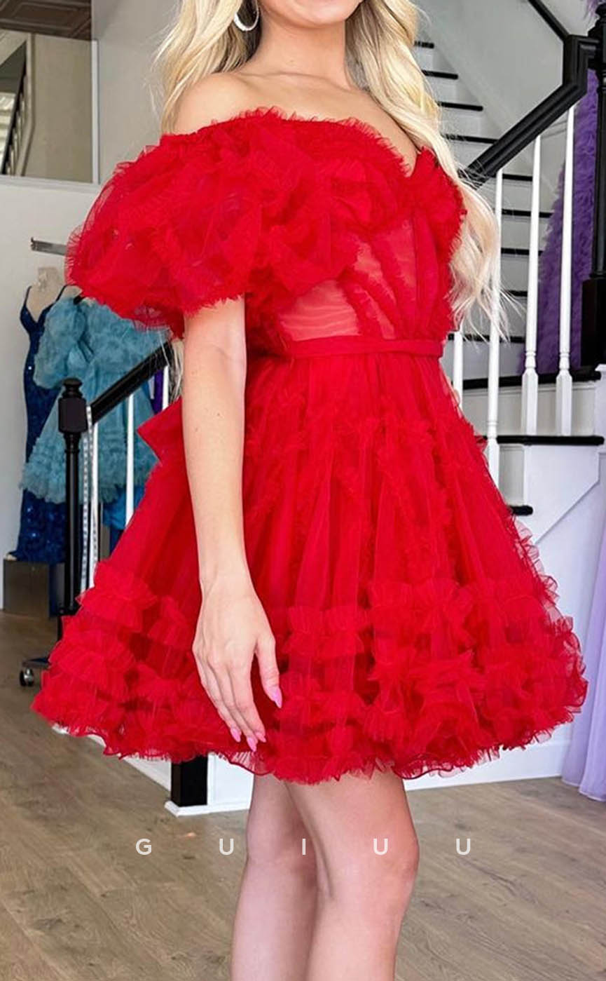 GH610 - Tulle Off-Shoulder Sweetheart Puff Sleeves Gown Open Back Red Homecoming Dress
