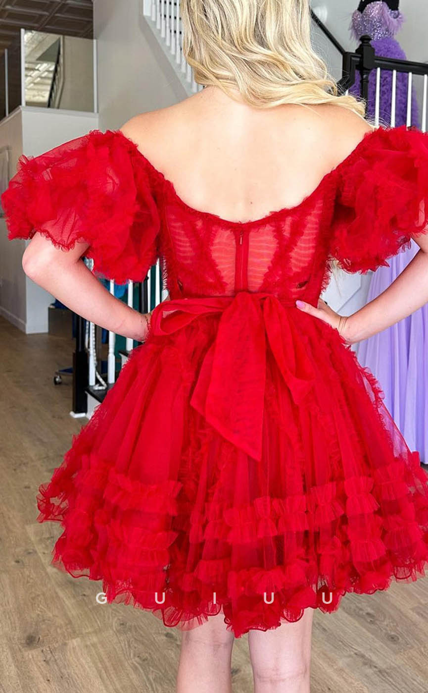 GH610 - Tulle Off-Shoulder Sweetheart Puff Sleeves Gown Open Back Red Homecoming Dress