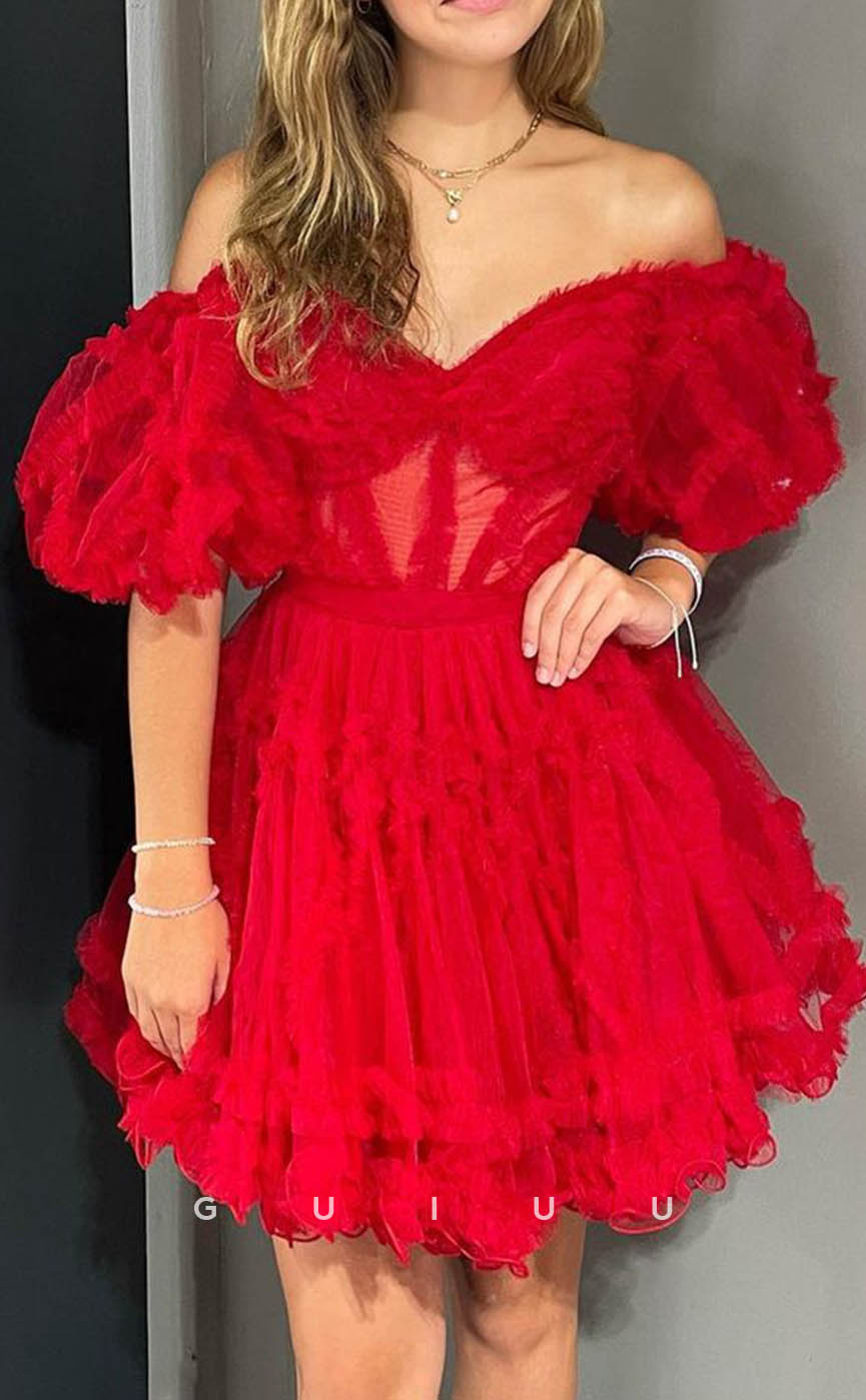 GH610 - Tulle Off-Shoulder Sweetheart Puff Sleeves Gown Open Back Red Homecoming Dress