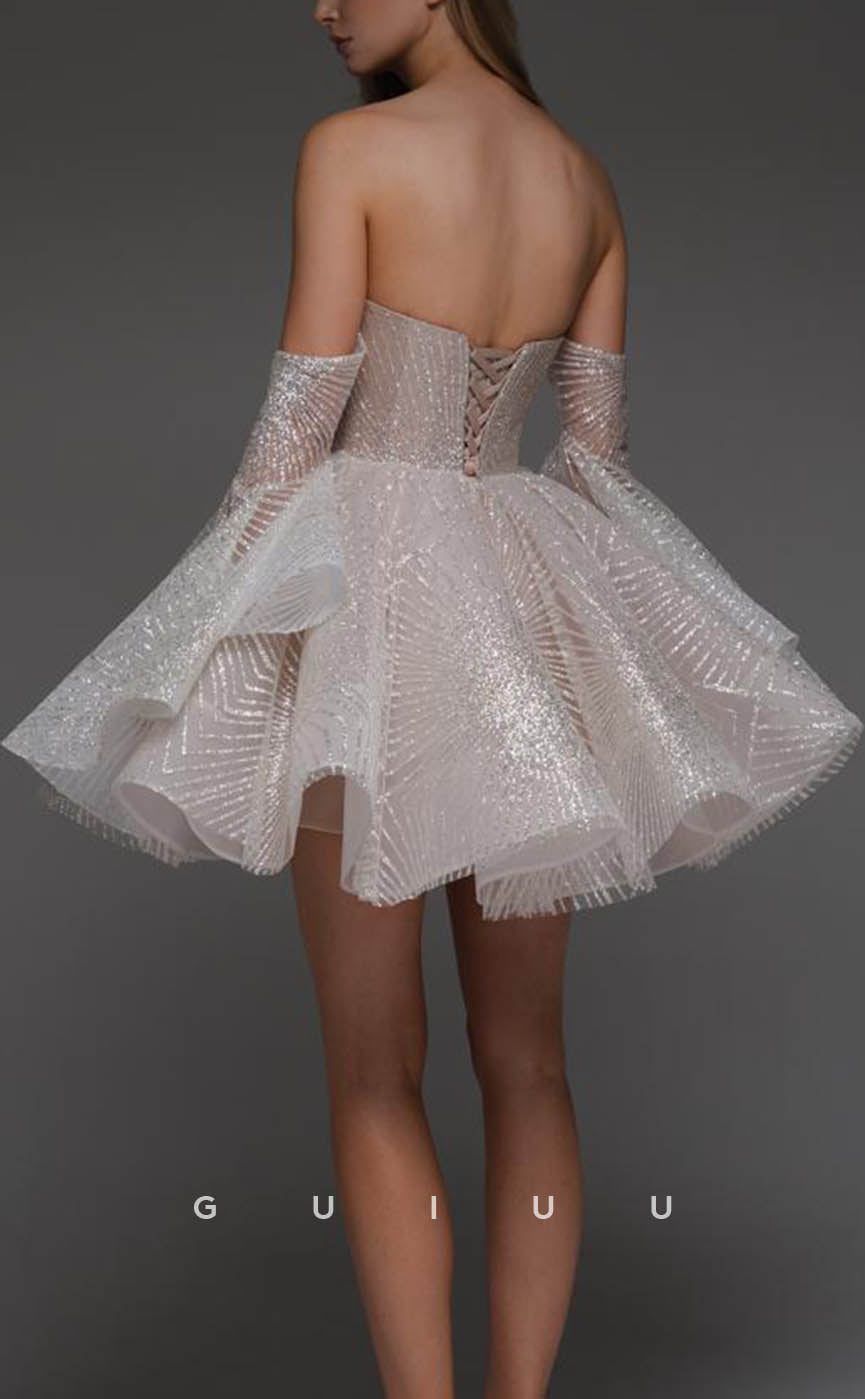 GH617 - Elegant & Luxurious Sequined Deep V-Neck With Long Bell Sleeves Homecoming Dress