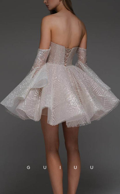 GH617 - Elegant & Luxurious Sequined Deep V-Neck With Long Bell Sleeves Homecoming Dress