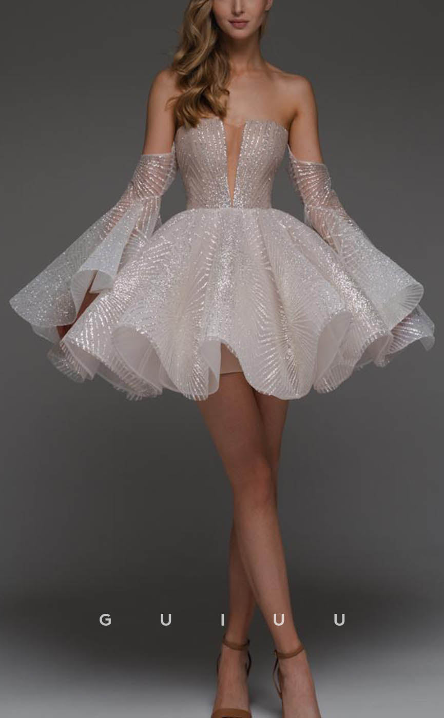 GH617 - Elegant & Luxurious Sequined Deep V-Neck With Long Bell Sleeves Homecoming Dress