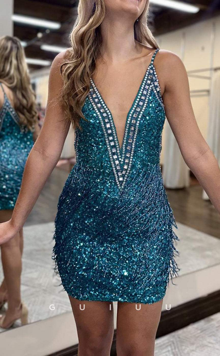 GH640 - Sexy Hot Deep V-Neck Sequins Beaded Fringed Homecoming Dress