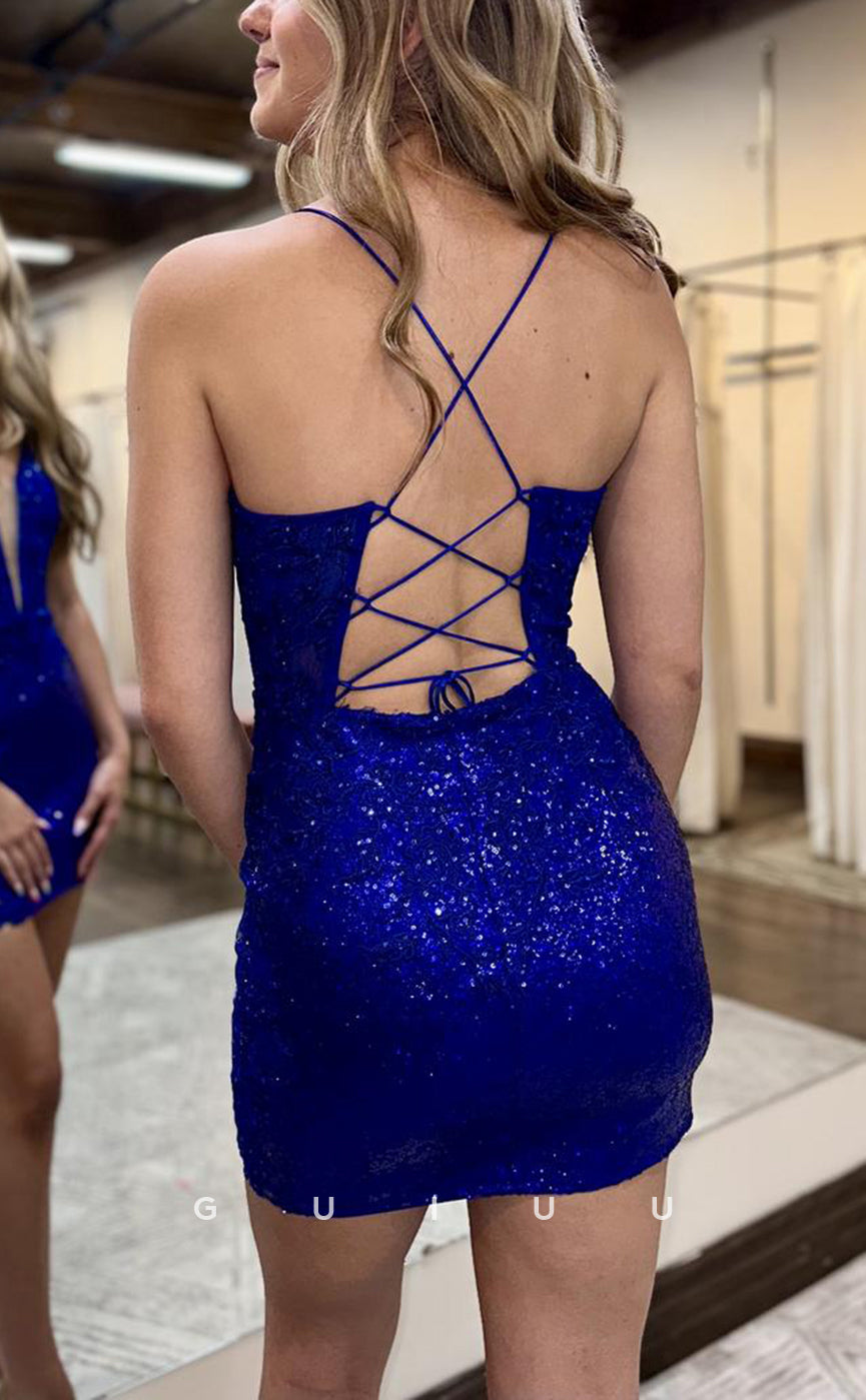 GH645 - Sexy Hot V-Neck Lace Applique Homecoming Dress With Lace-Up