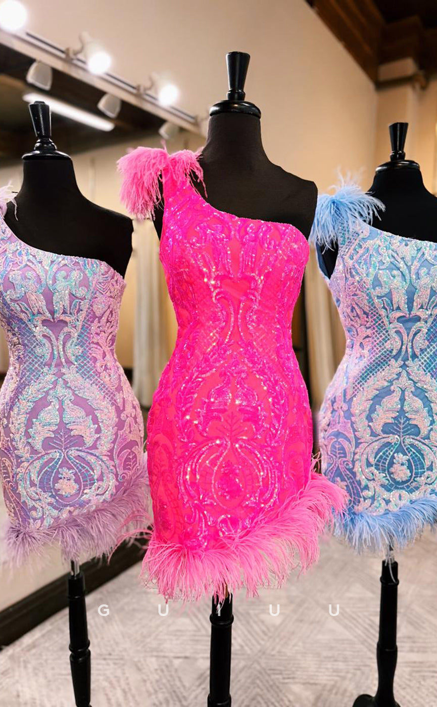 GH651 - Sexy Hot Sequins One-Shoulder Short Homecoing Dress With Feather