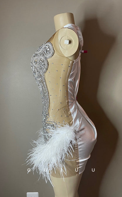 GH684 - Sheer V-Neck Illusion Beaded Feather Short Homecoming Dress For Black Women