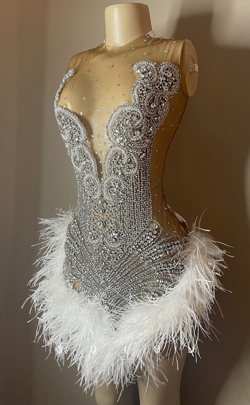 GH684 - Sheer V-Neck Illusion Beaded Feather Short Homecoming Dress For Black Women