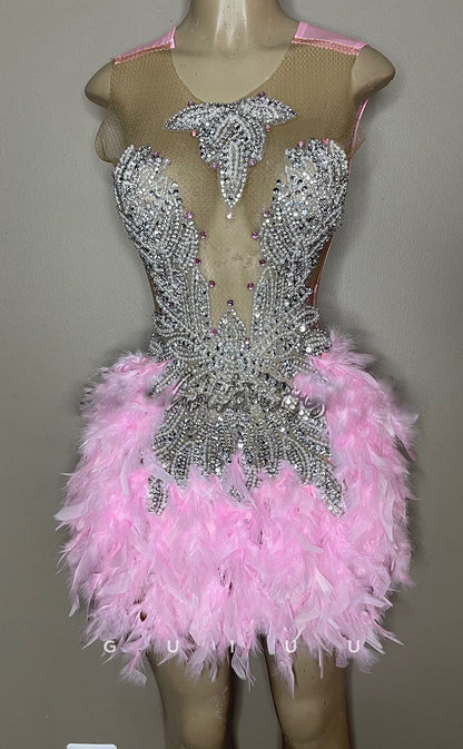 GH687 - Sexy & Hot Beaded Feather Short Homecoming Dress For Black Women
