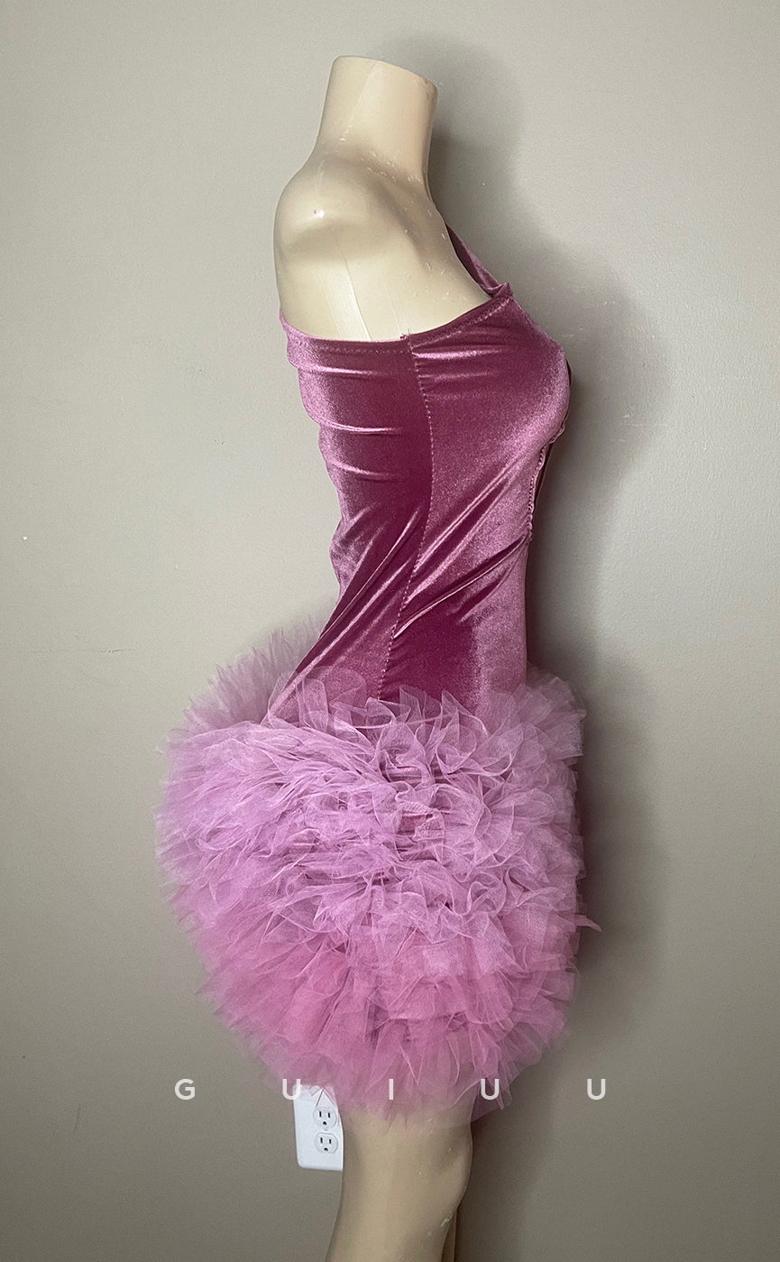 GH688 - Unique One-Shoulder Sheer Short Homecoming Dress For Black Women