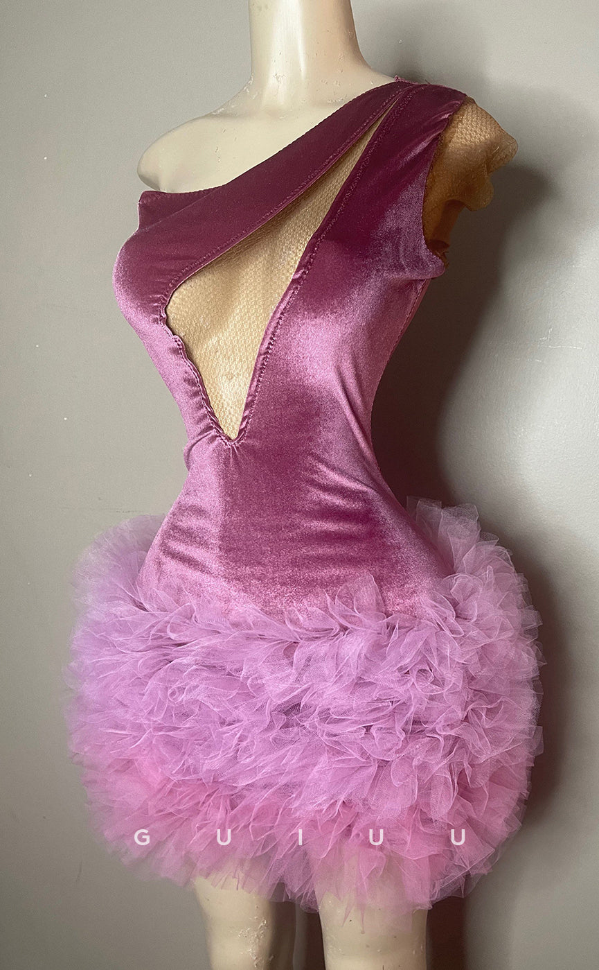 GH688 - Unique One-Shoulder Sheer Short Homecoming Dress For Black Women