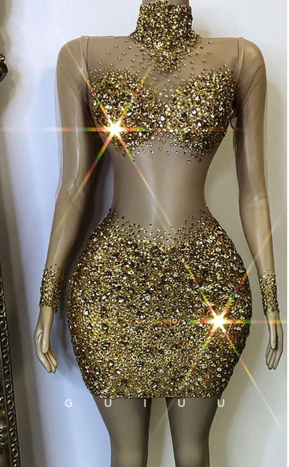 GH692 - Sexy Sheath High Neck Beaded Illusion Short Homecoming Dress For Black Women