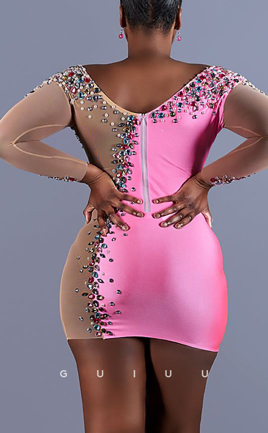 GH695 - Sexy Sheath Two Tone Beaded Scoop Short Homecoming Dress For Black Women