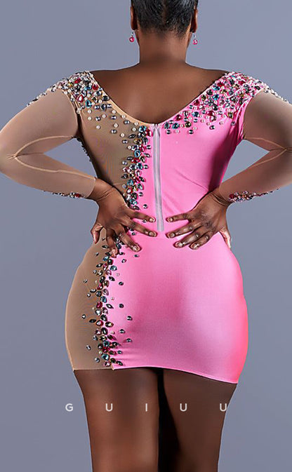 GH695 - Sexy Sheath Two Tone Beaded Scoop Short Homecoming Dress For Black Women