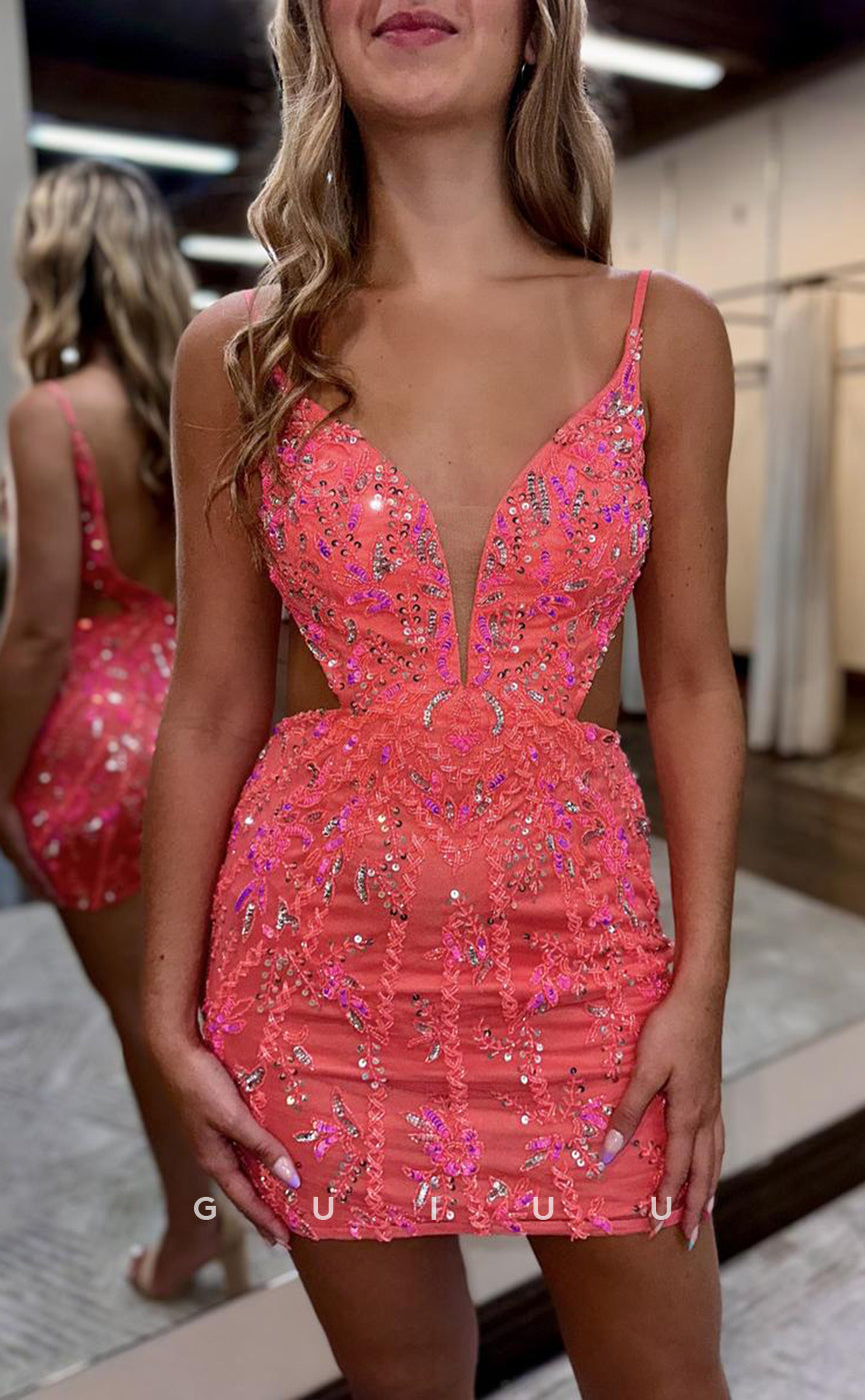 GH698 - Classic V-Neck Straps Sequins Applique Homecoming Dress For Black Women