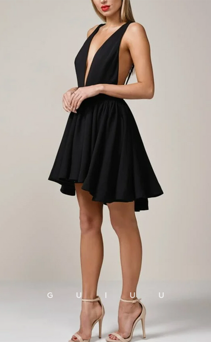 GH717 - Classic A-Line Satin Deep V-Neck Black Short Homecoming Party Dress