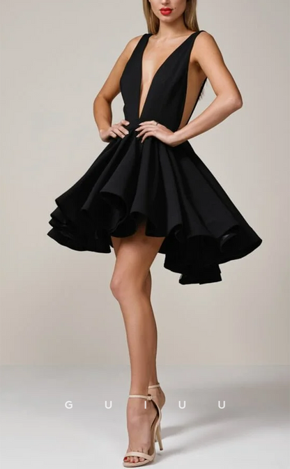 GH717 - Classic A-Line Satin Deep V-Neck Black Short Homecoming Party Dress
