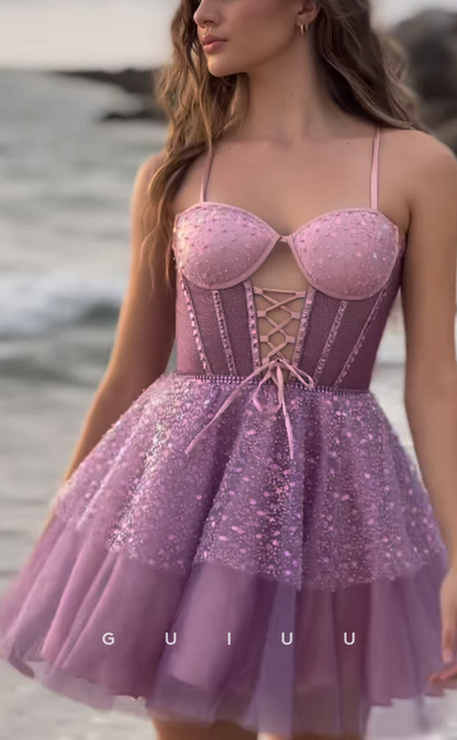GH718 - Classic Sweetheart Straps Sparkly Sequins Ball Gown Short Homecoming Dress
