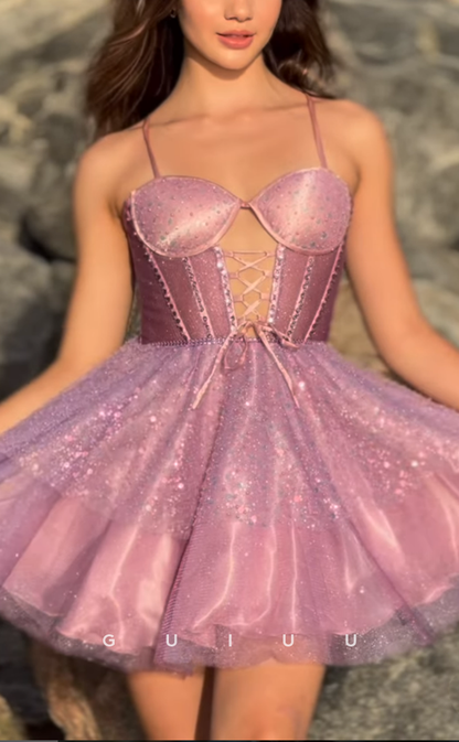 GH718 - Classic Sweetheart Straps Sparkly Sequins Ball Gown Short Homecoming Dress