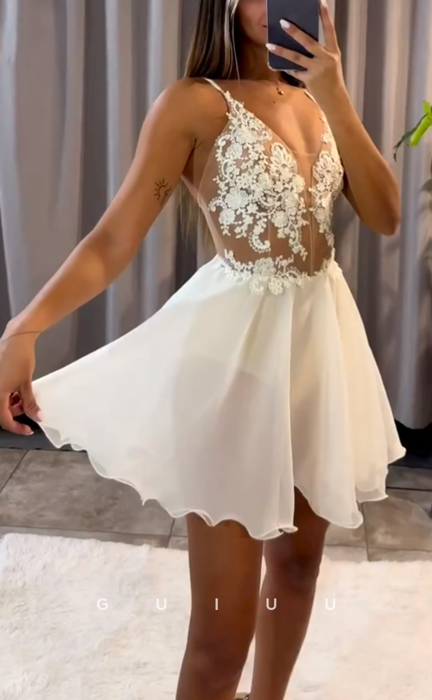 GH719 - Sexy A-Line V-Neck Applique Sheer Short Homecoming Dress