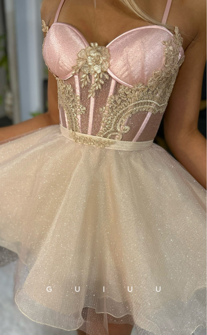 GH723 - Chic & Modern Sweetheart Straps Applique Sheer Ball Gown Homecoming Dress