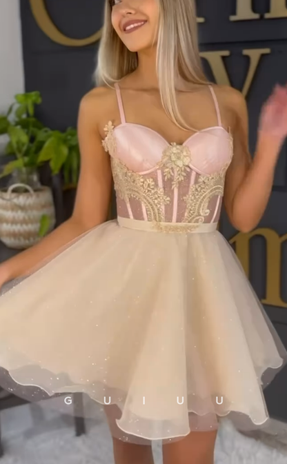 GH723 - Chic & Modern Sweetheart Straps Applique Sheer Ball Gown Homecoming Dress