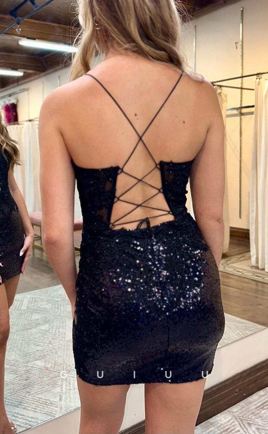 GH725 - Sexy & Hot V-Neck Straps Sequins Applique Lace Up Short Homecoming Dress