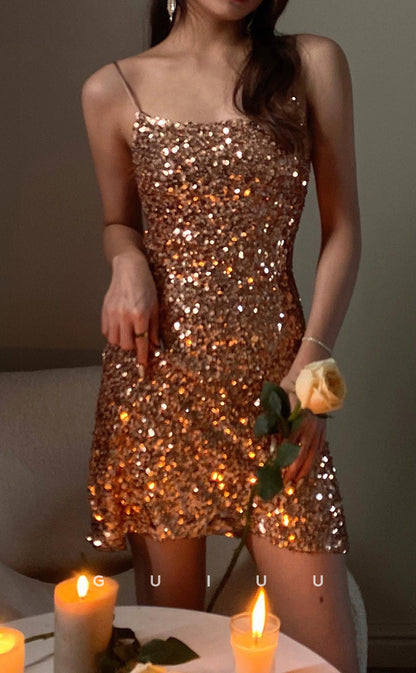GH738 - Sexy Sheath Simple Straps Fully Sequins Short Homecoming Dress
