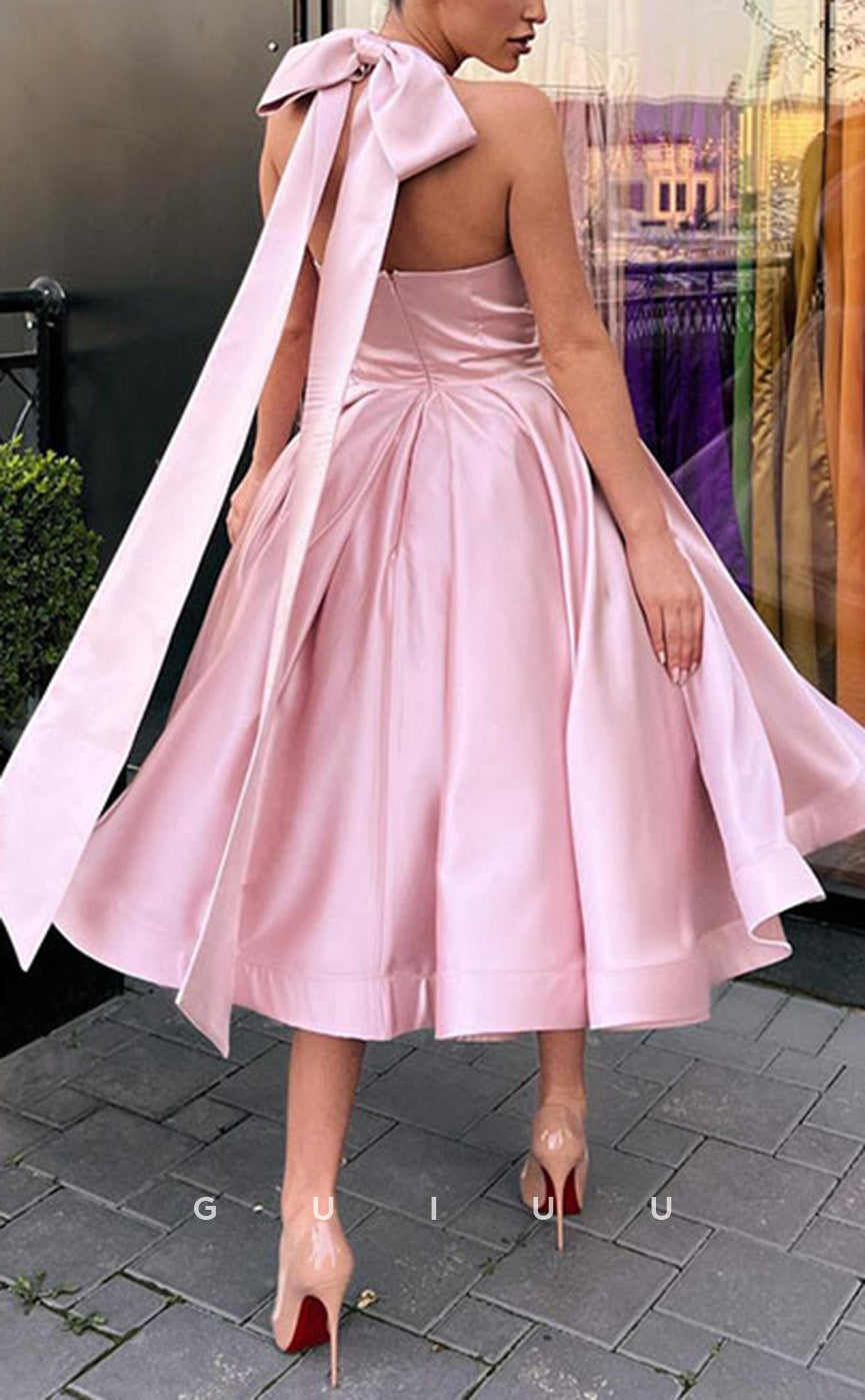 GH741 - Elegant Simple Halter Satin Long Party Homecoming Prom Dress With Bow