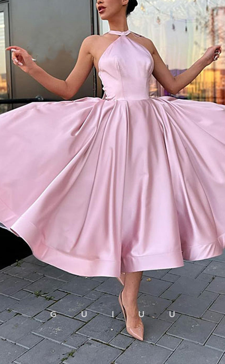 GH741 - Elegant Simple Halter Satin Long Party Homecoming Prom Dress With Bow