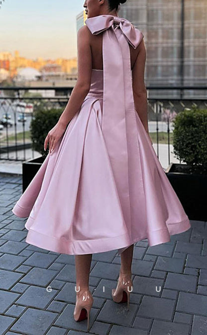 GH741 - Elegant Simple Halter Satin Long Party Homecoming Prom Dress With Bow