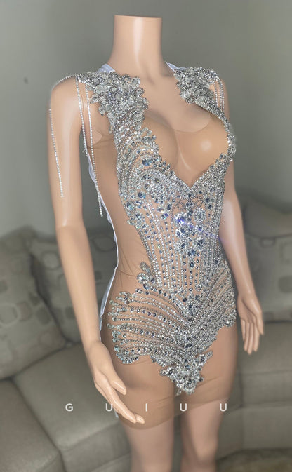 GH754 - Sexy & Hot V-Neck Beaded Illusion Homecoming Dress for Blacek Women