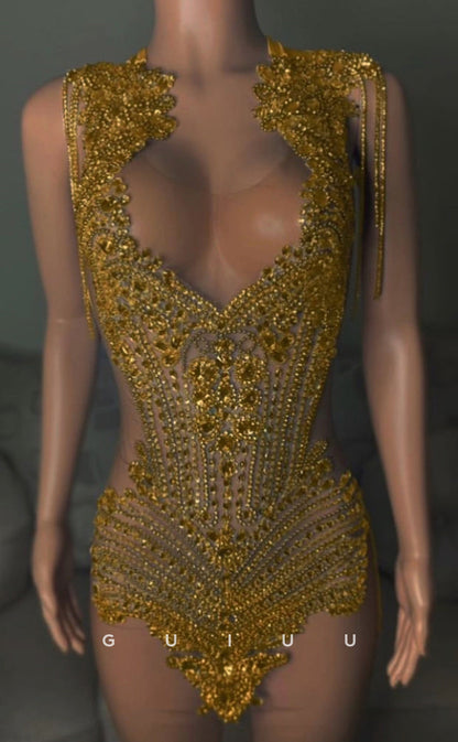 GH754 - Sexy & Hot V-Neck Beaded Illusion Homecoming Dress for Blacek Women