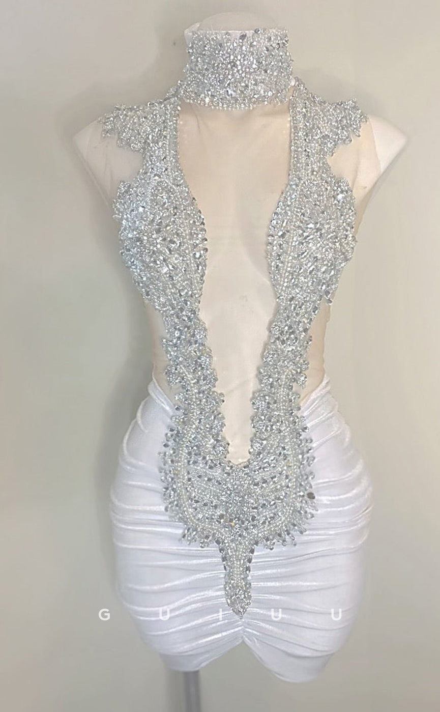 GH755 - Sexy & Hot High Neck Beaded Ruched Homecoming Dresses for Blacek Women