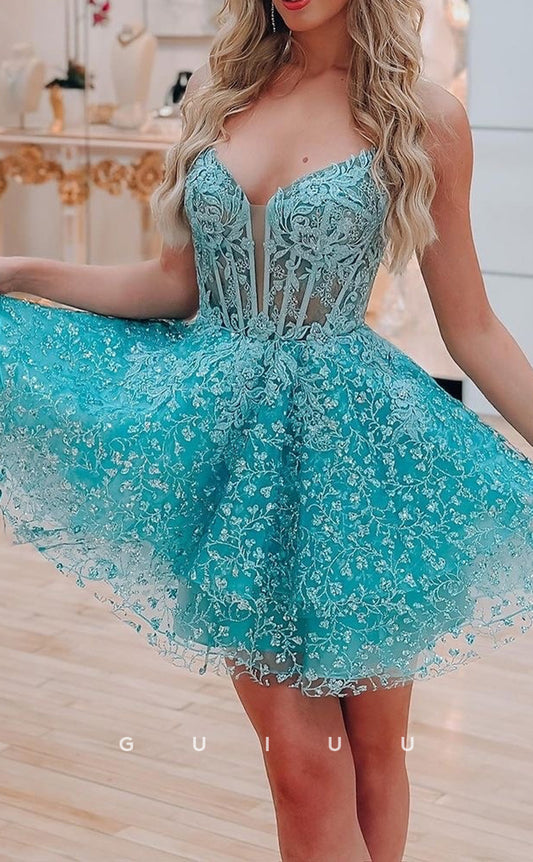 GH791 - Classic A-Line Applique Straps Sheer Short Mini Homecoming Party Dress