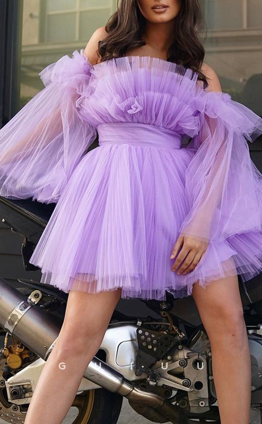 GH803 - Off-Shoulder Tulle Ball Gown Homecoming Party Dress With Puff Sleeves