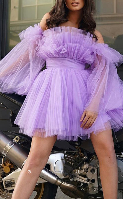 GH803 - Off-Shoulder Tulle Ball Gown Homecoming Party Dress With Puff Sleeves