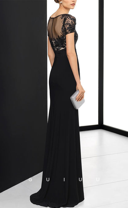 GM701 - Chic & Classic Sheath Bateau Short Sleeves Beaded Floor-Length Mother of the Bride Dress