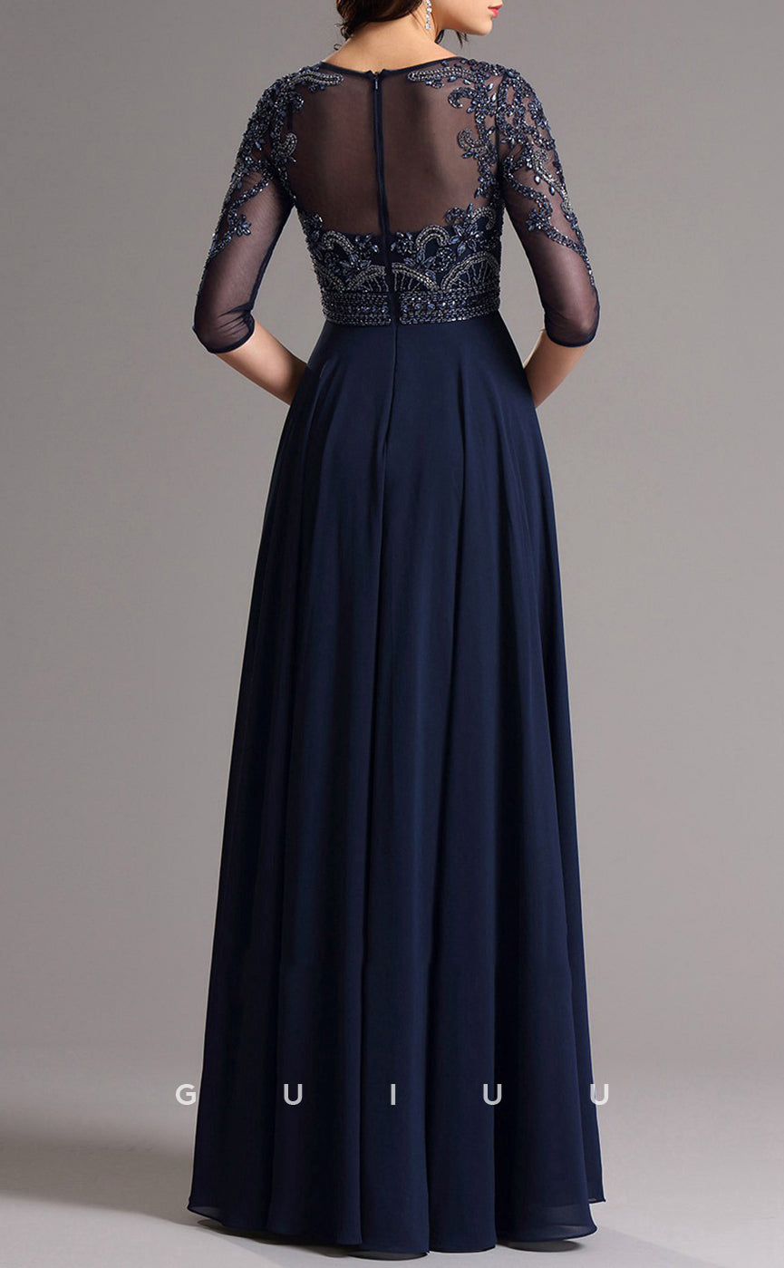 GM704 - Classic & Timeless A-Line Paneled Bateau Beaded Half Sleeves Floor-Length Draped Mother of the Bride Dress
