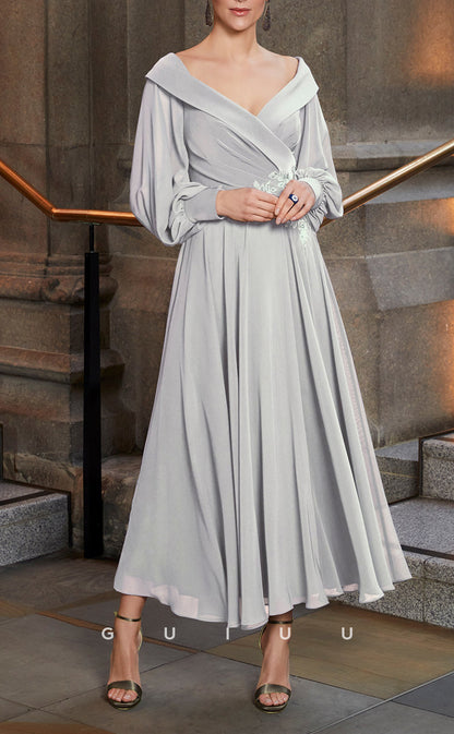 GM707 - Elegant & Classic A-Line V-Neck Long Bell Sleeves Ankle-Length Draped Mother of the Bride Dress