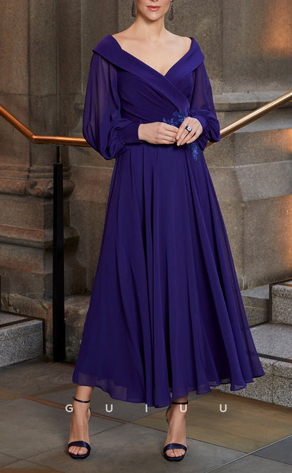 GM707 - Elegant & Classic A-Line V-Neck Long Bell Sleeves Ankle-Length Draped Mother of the Bride Dress