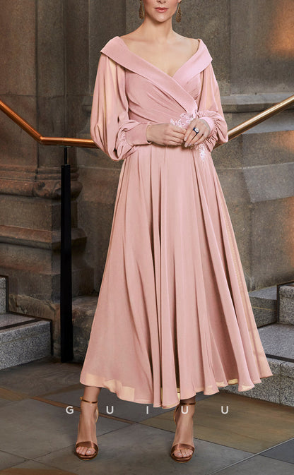 GM707 - Elegant & Classic A-Line V-Neck Long Bell Sleeves Ankle-Length Draped Mother of the Bride Dress