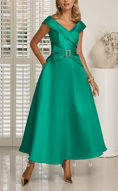 GM720 - Elegant & Dramatic A-Line Off Shoulder Bowknot with Sash Ankle-Length Mother of the Bride Dress