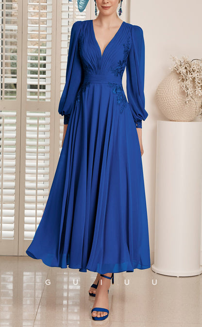 GM721 - Elegant & Modern A-Line V-Neck Long Lantern Sleeves Draped Ankle-Length Mother of the Bride Dress