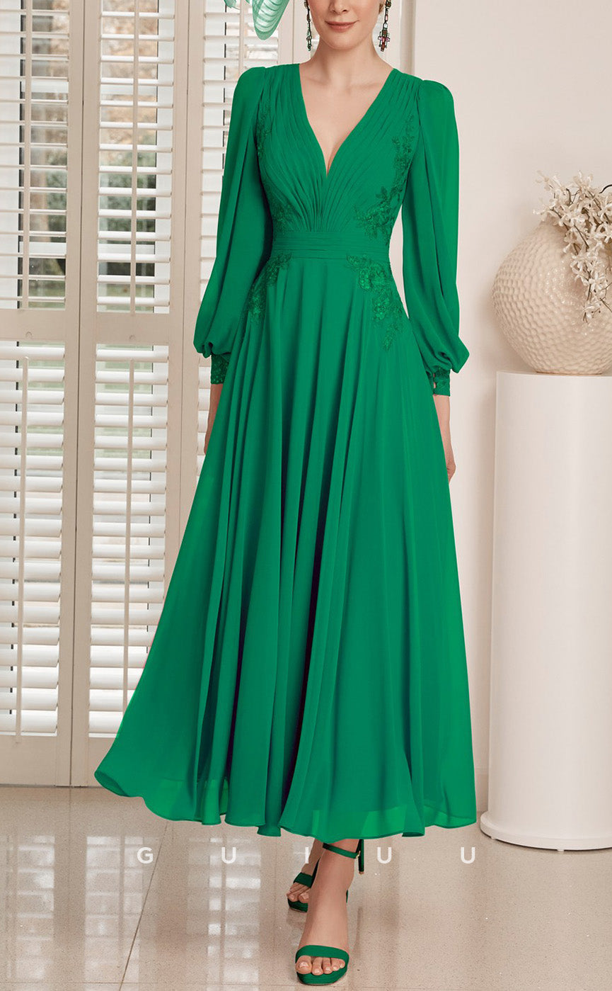 GM721 - Elegant & Modern A-Line V-Neck Long Lantern Sleeves Draped Ankle-Length Mother of the Bride Dress