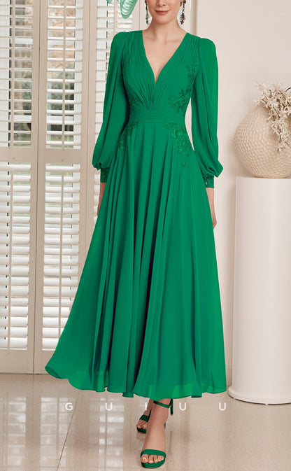 GM721 - Elegant & Modern A-Line V-Neck Long Lantern Sleeves Draped Ankle-Length Mother of the Bride Dress