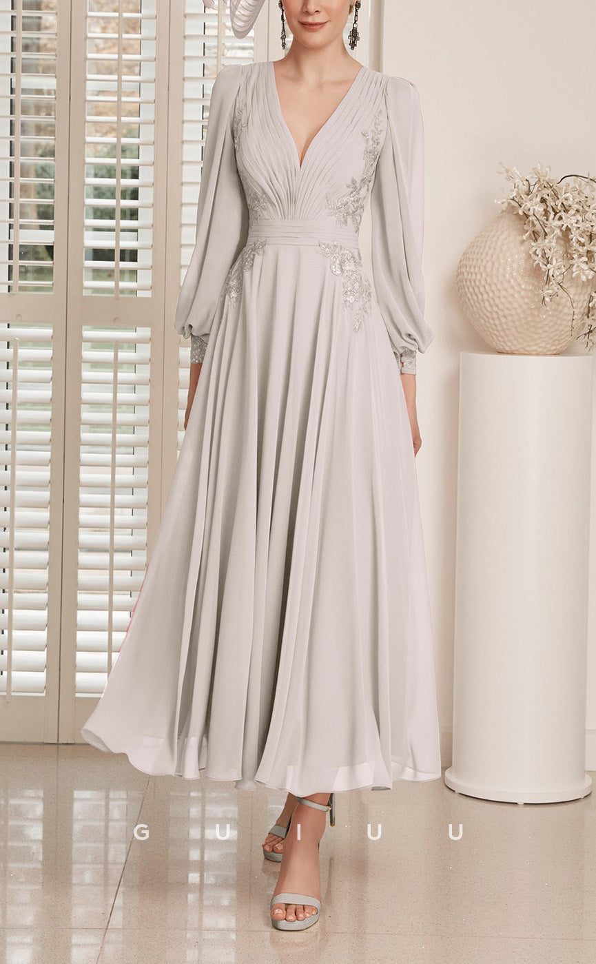 GM721 - Elegant & Modern A-Line V-Neck Long Lantern Sleeves Draped Ankle-Length Mother of the Bride Dress
