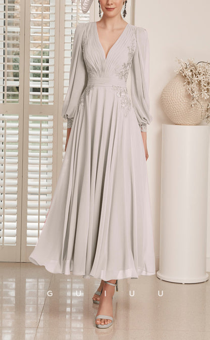 GM721 - Elegant & Modern A-Line V-Neck Long Lantern Sleeves Draped Ankle-Length Mother of the Bride Dress